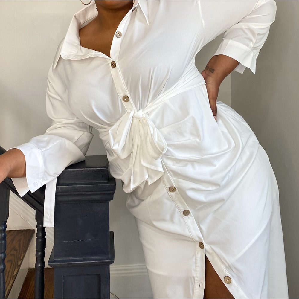Knot Button Ruched Shirt Dress